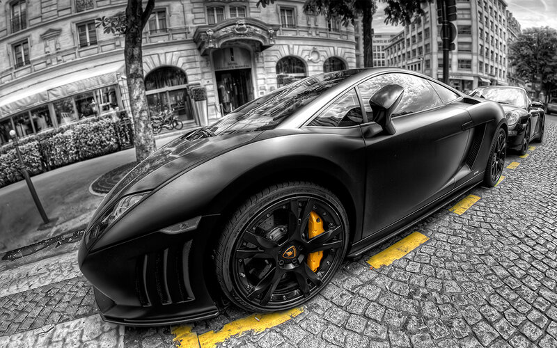 Black Sports Car — Dramatic, Photograph, Cobblestone Street, Building