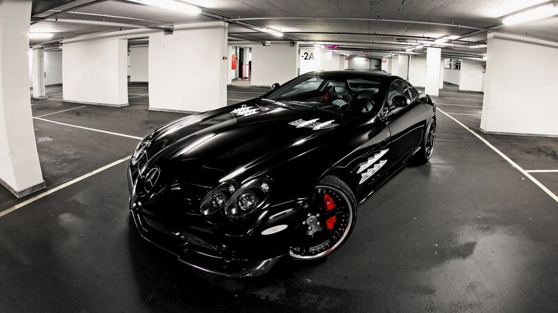 Black Sports Car — Dramatic, Photograph, Parking Garage, Wheels, White, Gray