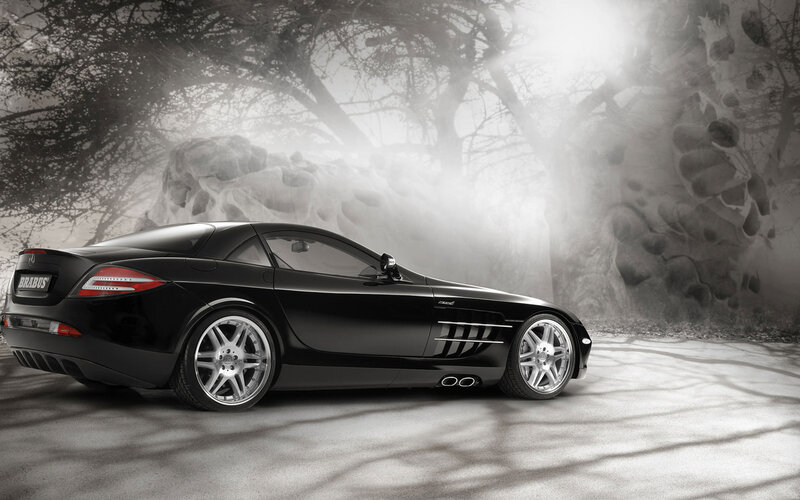 Black Sports Car — Dramatic, Photograph, Trees, Fog, Road