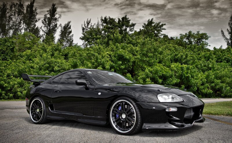 Black Sports Car — Dramatic, Photograph, Trees, Road, Sky, Green