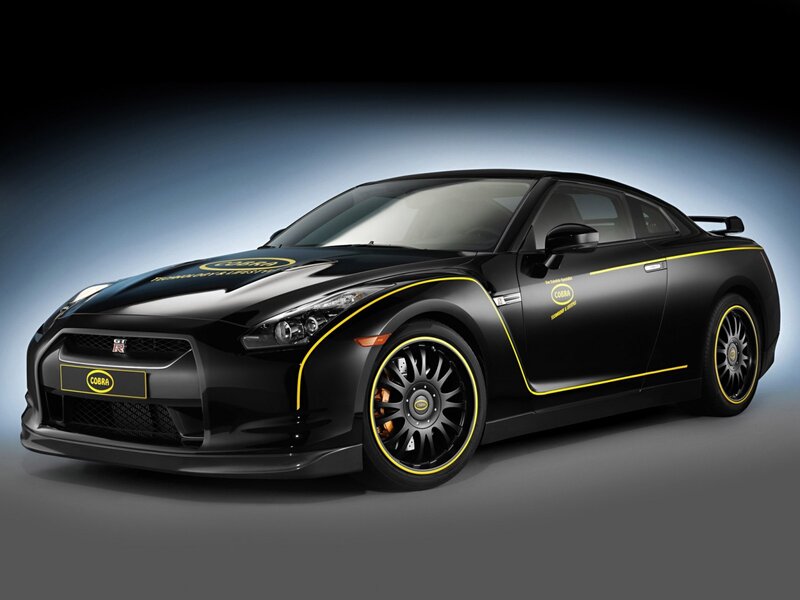Black Sports Car — Dramatic, Photograph, Yellow Stripes, Racing Wheels, Spoiler