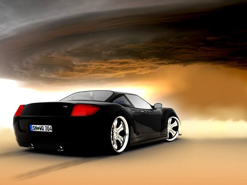 Black Sports Car — Dramatic, Sunset, 3d Render, Sky, Clouds