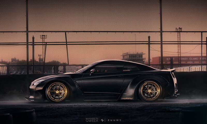 Black Sports Car — Dramatic, Sunset, Digital Art, Fence