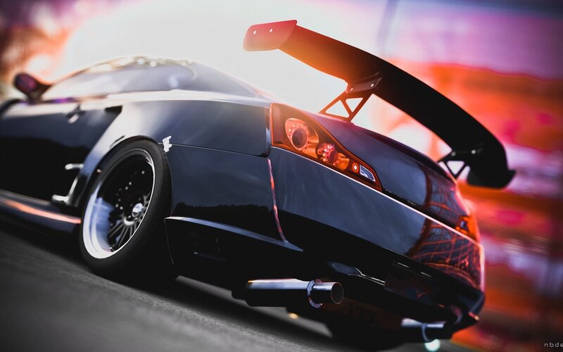 Black Sports Car — Dramatic, Sunset, Digital Art, Rear Wing