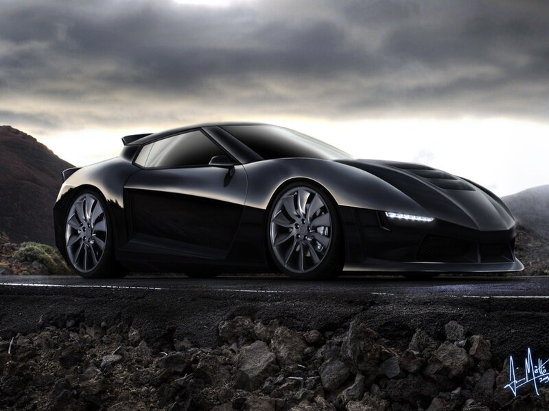 Black Sports Car — Dramatic, Sunset, Digital Art, Road, Mountain