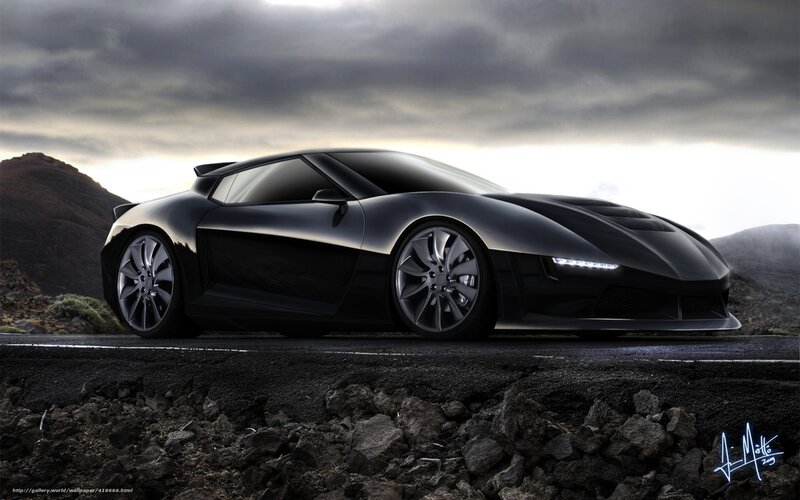 Black Sports Car — Dramatic, Sunset, Digital Art, Road