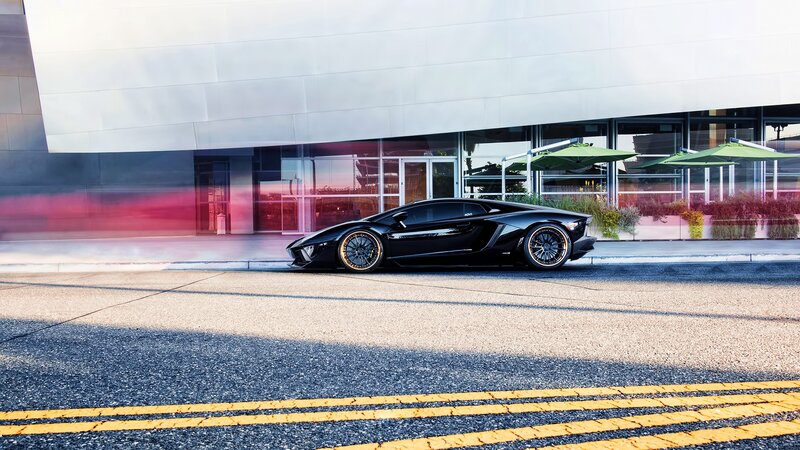 Black Sports Car — Dramatic, Sunset, Photograph, Building, Umbrellas, Road