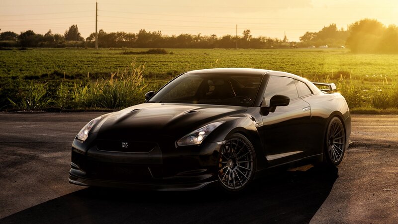 Black Sports Car — Dramatic, Sunset, Photograph, Field, Road, Green, Yellow