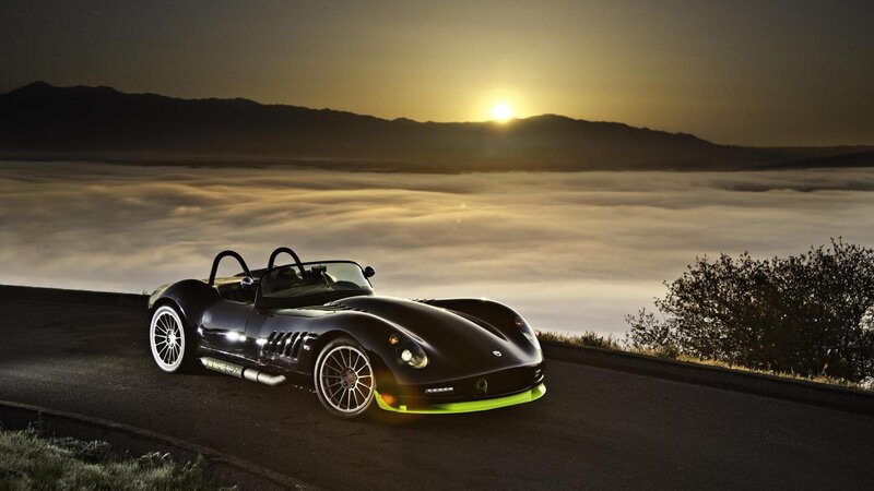 Black Sports Car — Dramatic, Sunset, Photograph, Mountains, Fog