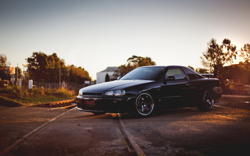 Black Sports Car — Dramatic, Sunset, Photograph, Railroad Tracks, Trees