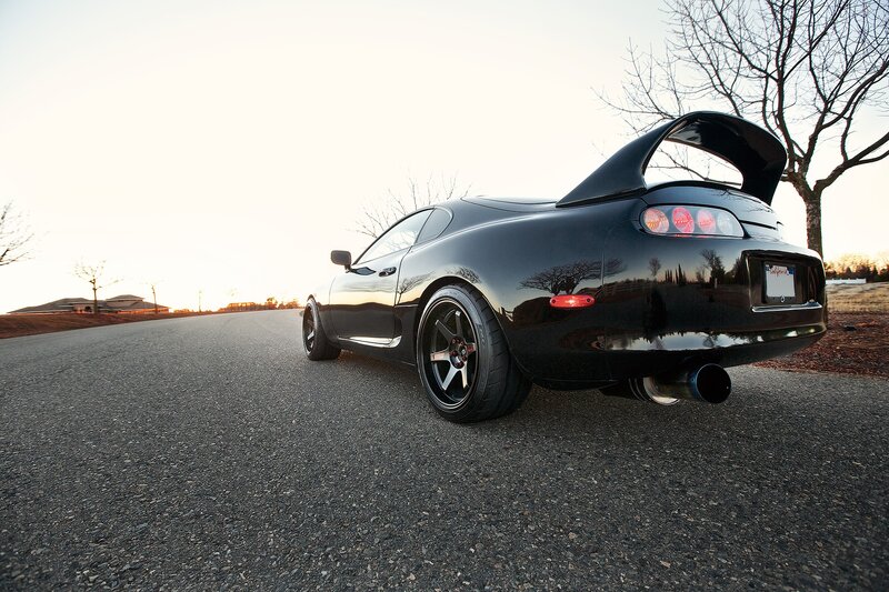Black Sports Car — Dramatic, Sunset, Photograph, Road, Tree