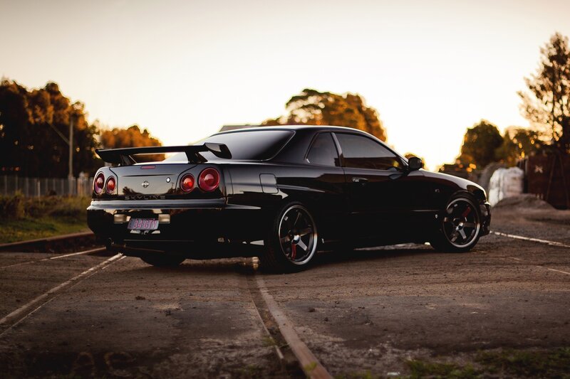 Black Sports Car — Dramatic, Sunset, Photograph, Trees, Railroad Tracks