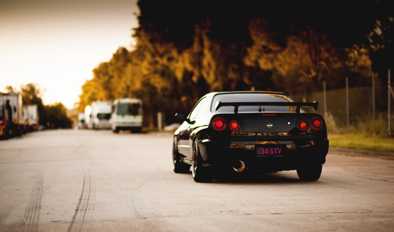 Black Sports Car — Dramatic, Sunset, Photograph, Trees, Road