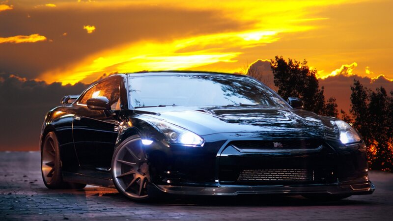 Black Sports Car — Dramatic, Sunset, Photograph, Trees