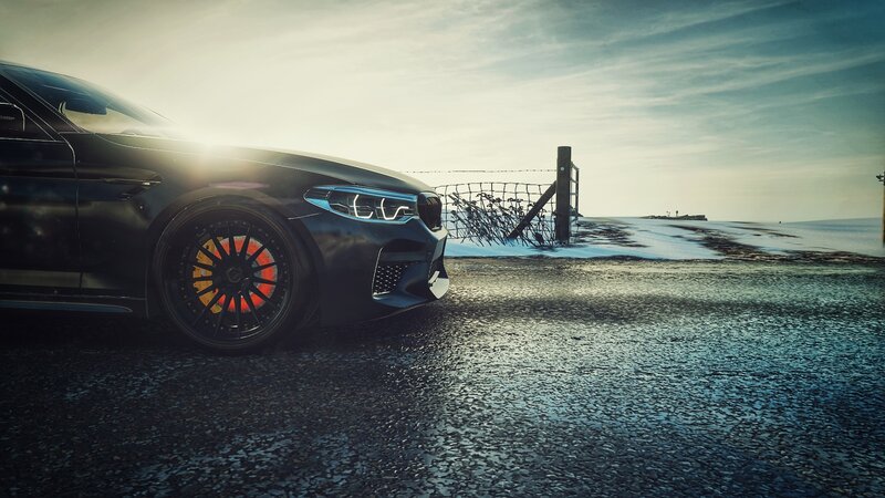 Black Sports Car — Dramatic, Winter, Photograph, Road
