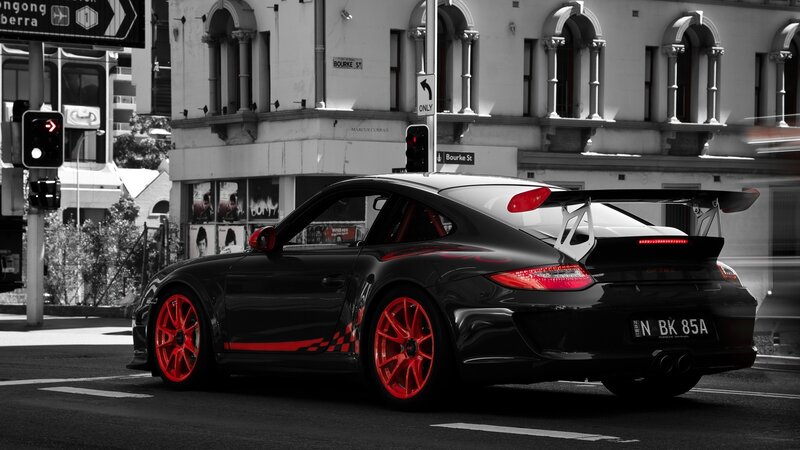 Black Sports Car — Dynamic, Afternoon, Photograph, Building, Traffic Light