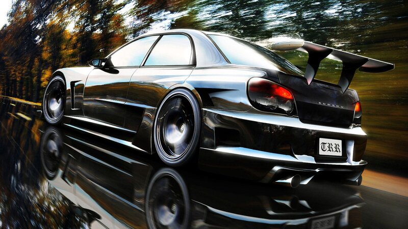 Black Sports Car — Dynamic, Autumn, Digital Art, Trees