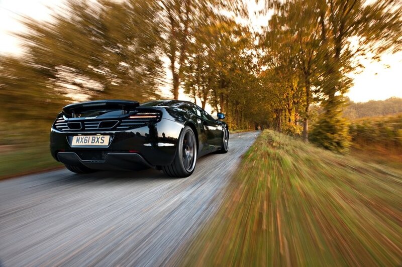 Black Sports Car — Dynamic, Autumn, Photograph, Road, Trees, Green