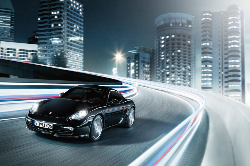 Black Sports Car — Dynamic, Night, Photograph, City Skyline, Highway