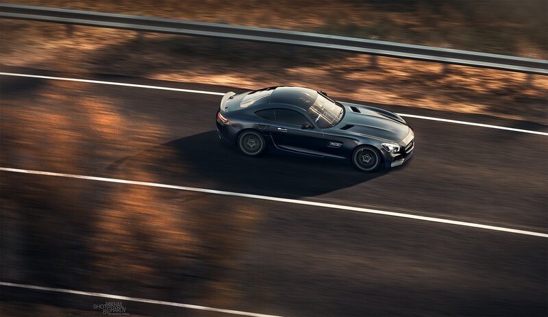 Black Sports Car — Dynamic, Sunset, Photograph, Road, Guardrail