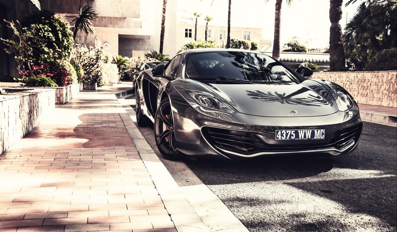 Black Sports Car — Gray, Dramatic, Afternoon, Photograph, Palm Trees, Sidewalk, Building