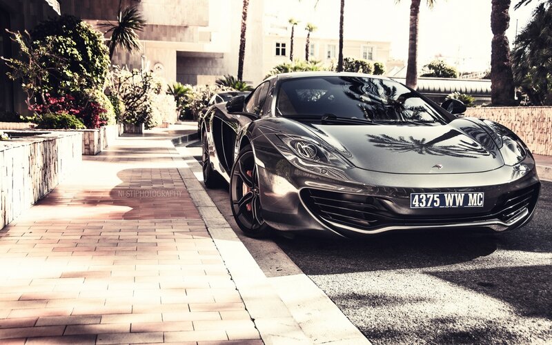 Black Sports Car — Gray, Dramatic, Afternoon, Photograph, Palm Trees