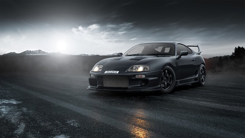 Black Sports Car — Gray, Dramatic, Sunset, Photograph, Mountains