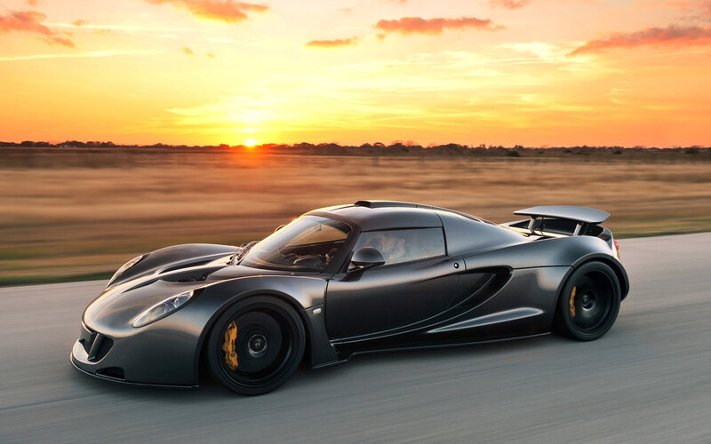 Black Sports Car — Gray, Dramatic, Sunset, Photograph, Road
