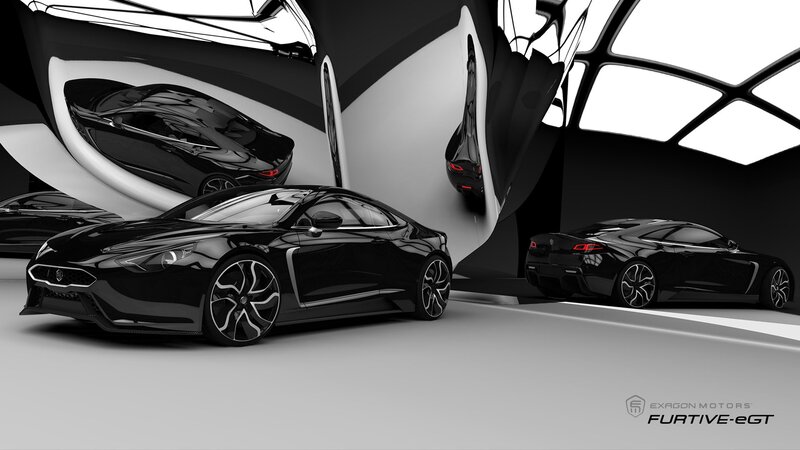Black sports car in a futuristic gallery