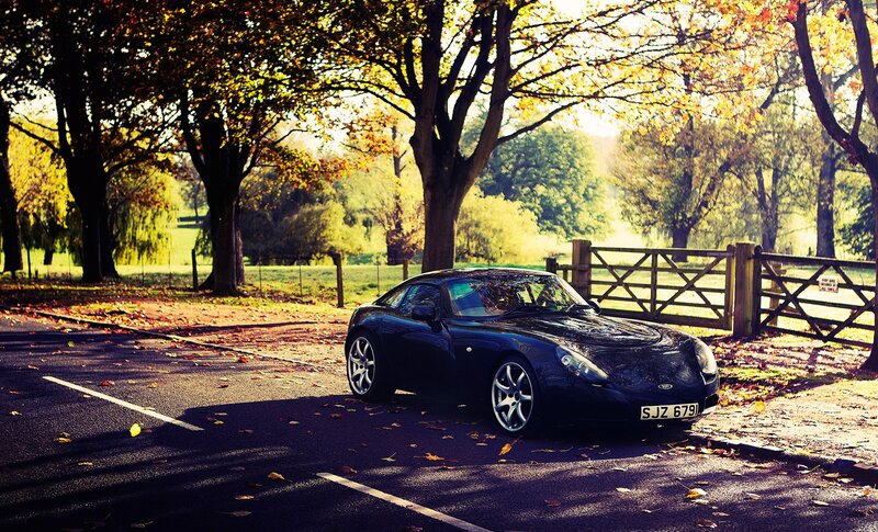 Black sports car in autumn