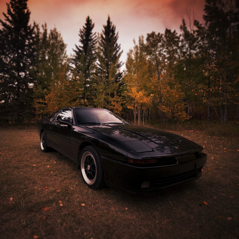 Black sports car in autumn forest