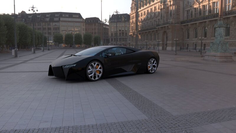 Black sports car in city square