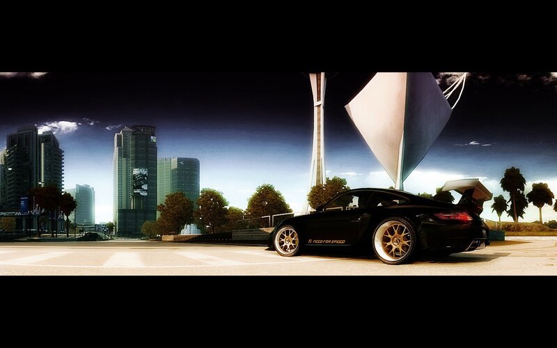 Black sports car in cityscape
