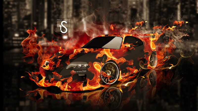 Black Sports Car in Flames
