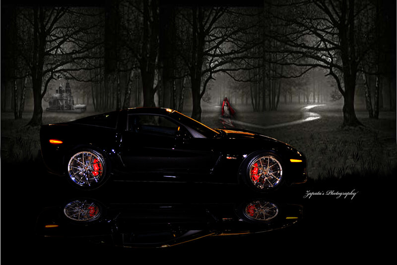 Black Sports Car in Forest — Dramatic