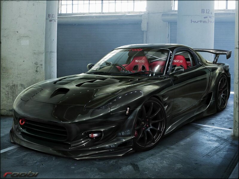 Black sports car in garage