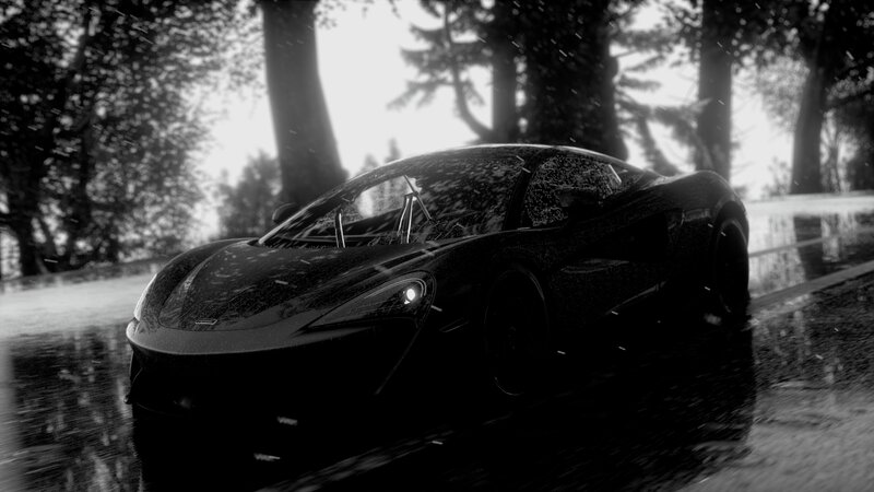 Black Sports Car in Rain — Dramatic, 3d Render, Trees