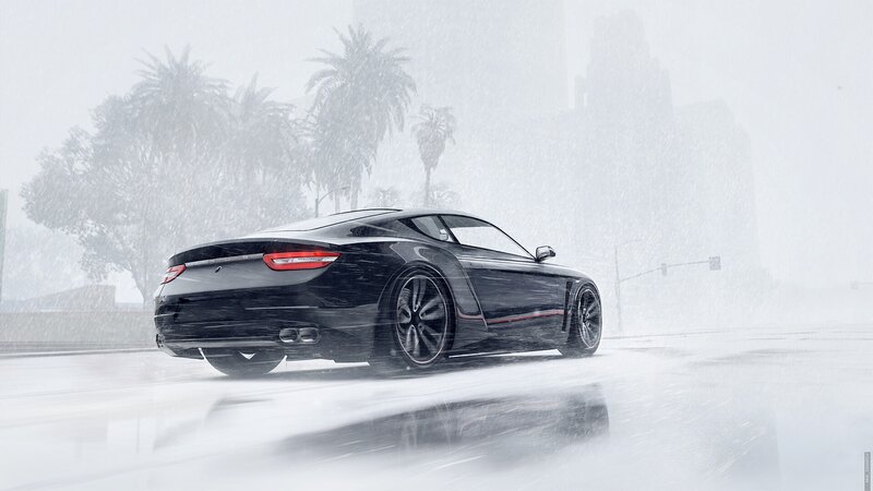 Black Sports Car in Rain — Dramatic, Digital Art