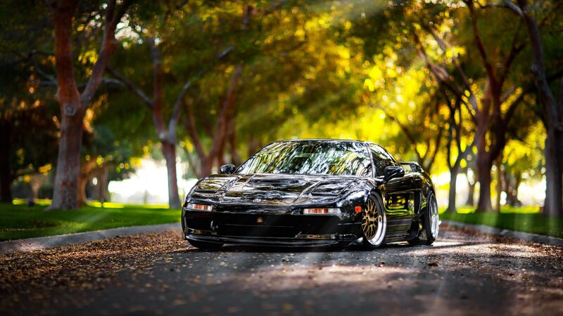 Black sports car on a tree-lined road