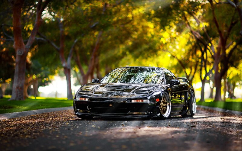 Black sports car on a tree-lined road