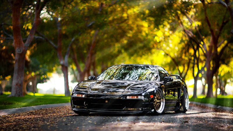 black sports car on a tree-lined road
