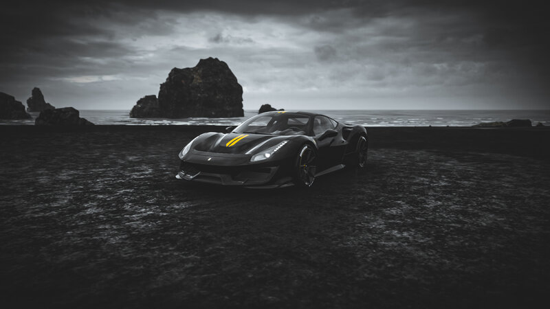 Black Sports Car on Beach — Dramatic, 3d Render