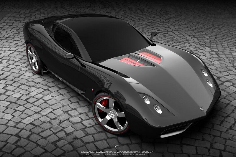 Black sports car on cobblestones