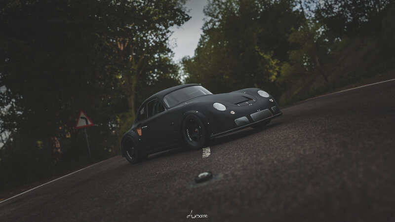 Black Sports Car on Road — Dramatic, Afternoon, Photograph, Trees