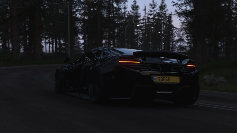 Black Sports Car on Road — Dramatic, Night, 3d Render, Forest