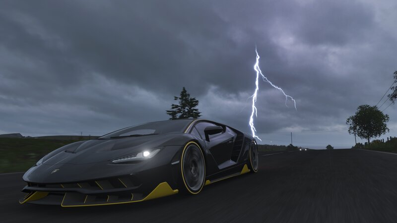 Black Sports Car on Road — Dramatic, Night, 3d Render, Lightning