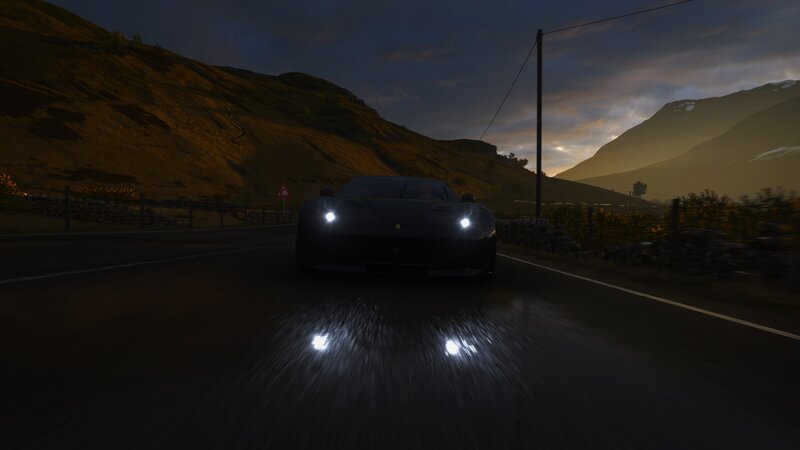 Black Sports Car on Road — Dramatic, Sunset, 3d Render, Mountains