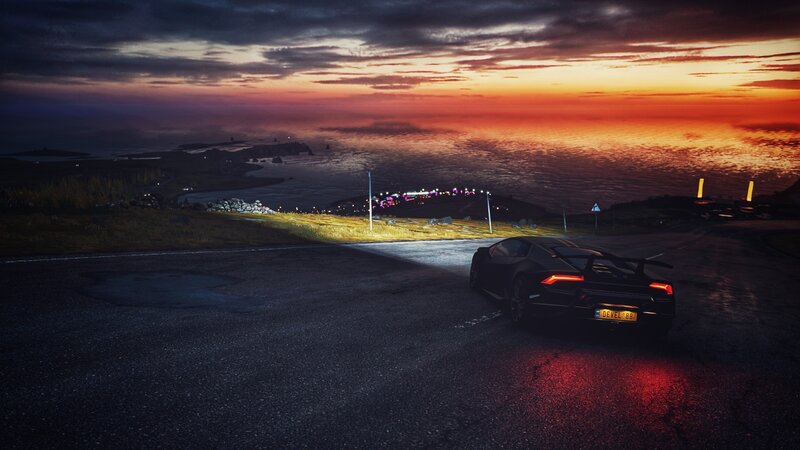 Black Sports Car on Road — Dramatic, Sunset, 3d Render, Ocean