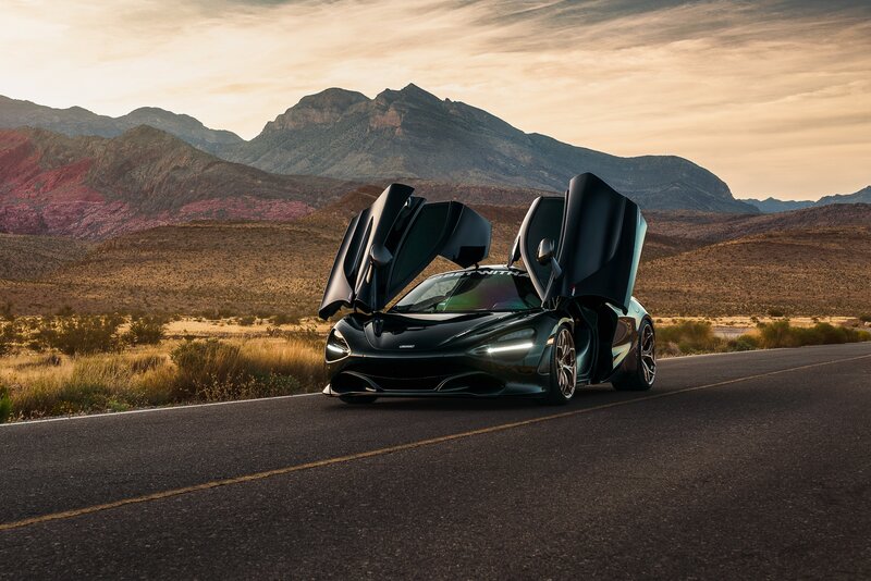 Black Sports Car on Road — Dramatic, Sunset, Photograph, Mountains, Desert