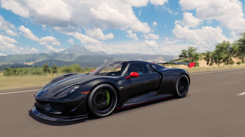 Black Sports Car on Road — Dynamic, Afternoon, 3d Render, Mountains